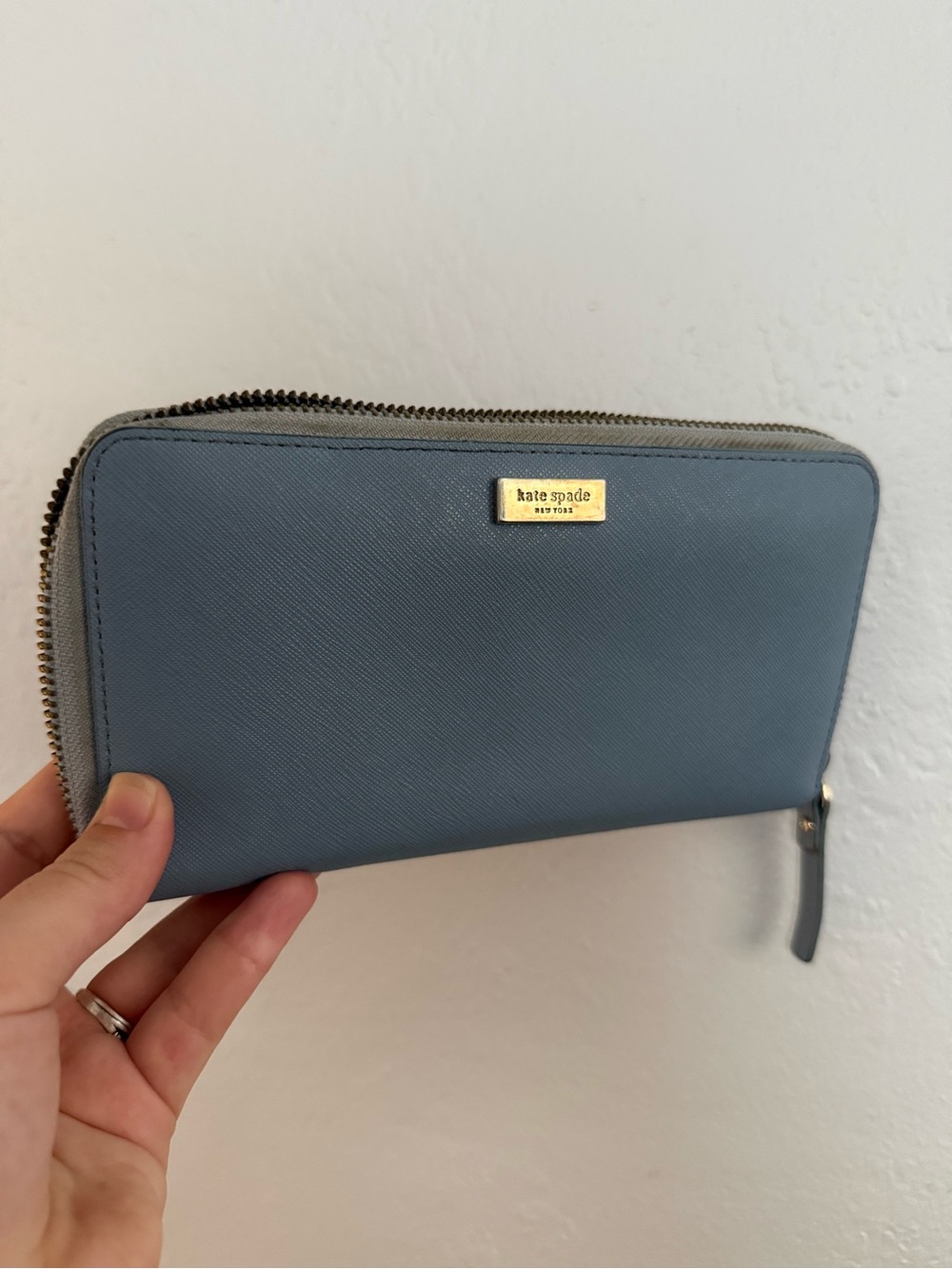 kate spade Dusty Blue Zip Wallet with Gold Plaque